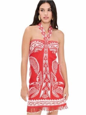 FARM Rio Red and White Halter Strapless Mini Dress with Beaded Fringe